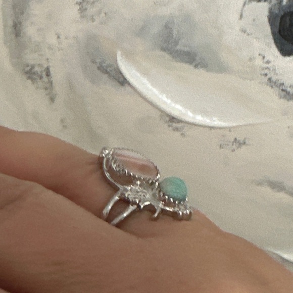 Pink Shell with Turquoise star moon ring with Adjustable band. - Picture 2 of 2